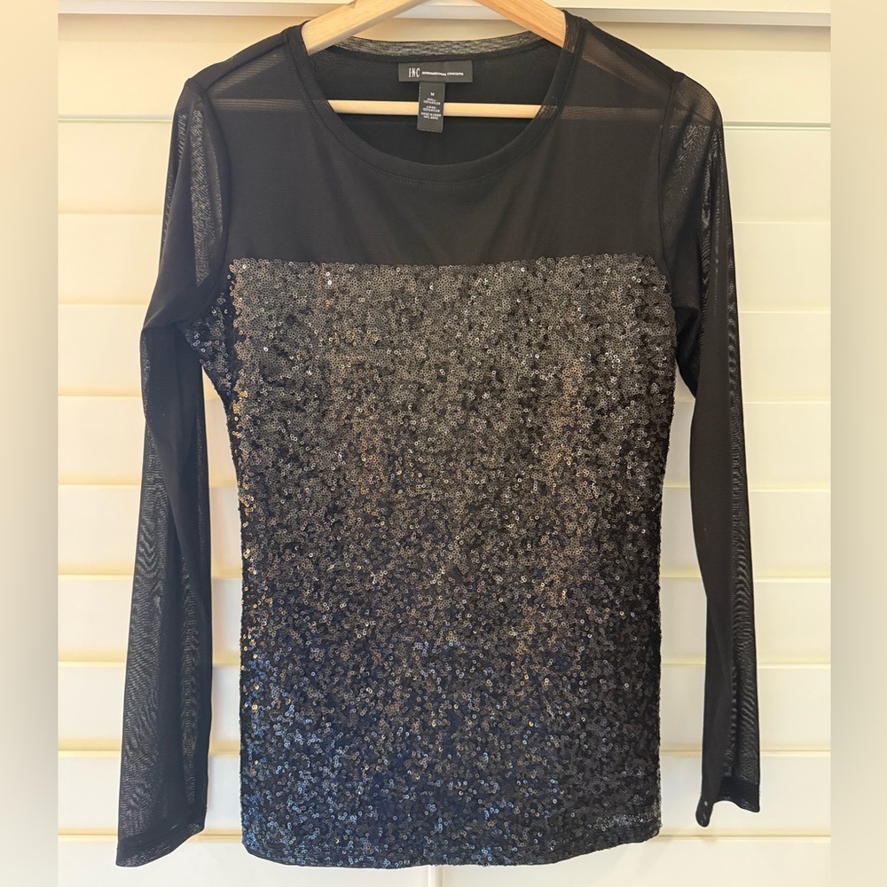 INC International Concepts Black Sequin Mesh Blouse
